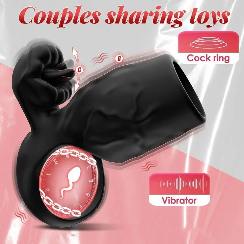 9 Modes Tongue Licking Clitoral Stimulator Vibrating Cock Ring with Penis Sleeve Male Sex Toys for Men