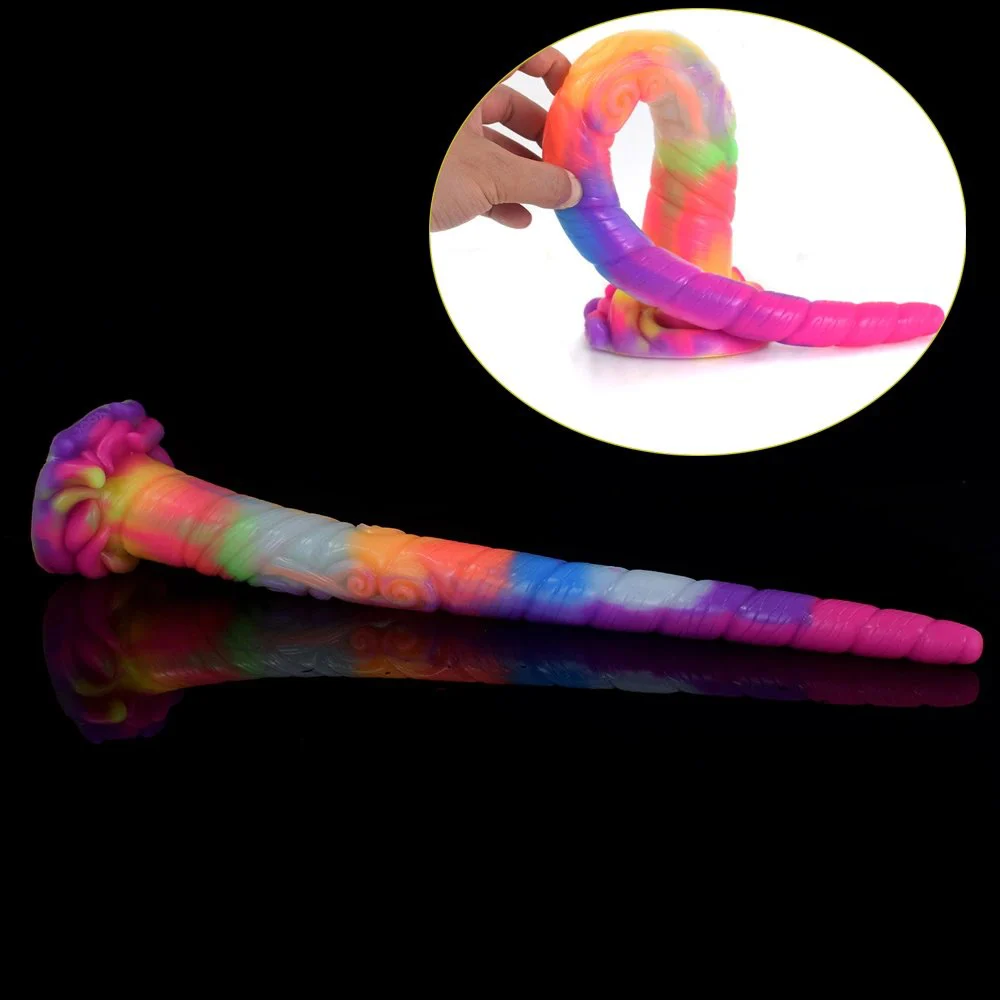 Super Long Glow in Dark Penis Silicone Flexible Curved Unicorn Realistic Dildos Anal Plug with Suction Cup for Women