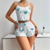 2PCS Love Printed Heart Print Cami Top and Shorts Sleepwear Set Sexy Women Pajamas