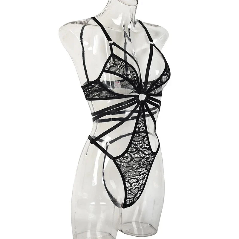 Hollow Out Design Multi-Strap Chest Ring Cutout Lace Shaping Bodysuit Underwear Women Sexy Nightwear Erotic Lingerie Set