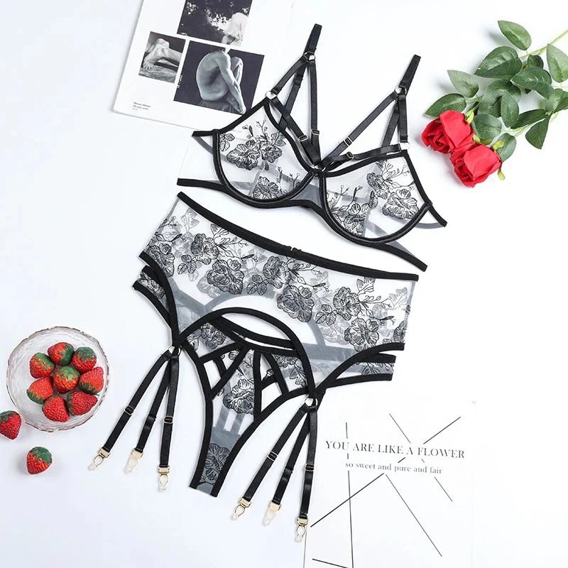 Transparent Lace Embroidery Polyester Fiber Women Sexy Lingerie Bra Set Ladies Floral Black Underwear Set
