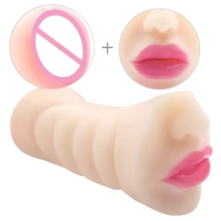 Double Channel Male Masturbator Cup Realistic Mouth Vagina Pocket Pussy With Sex Tongue