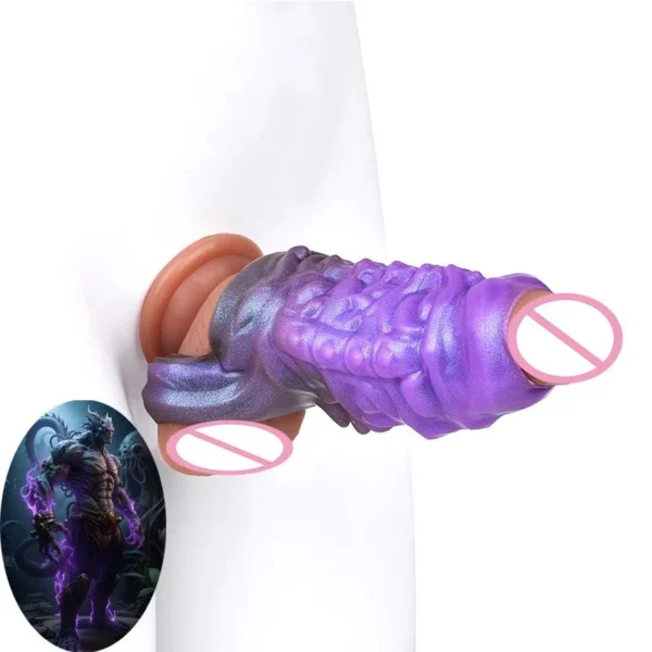 Fantasy Hollow Monster Dildo Penis Sleeve Cock Ring Stretchable Irth Extender Enhance Erection with Resin Rod Bracket