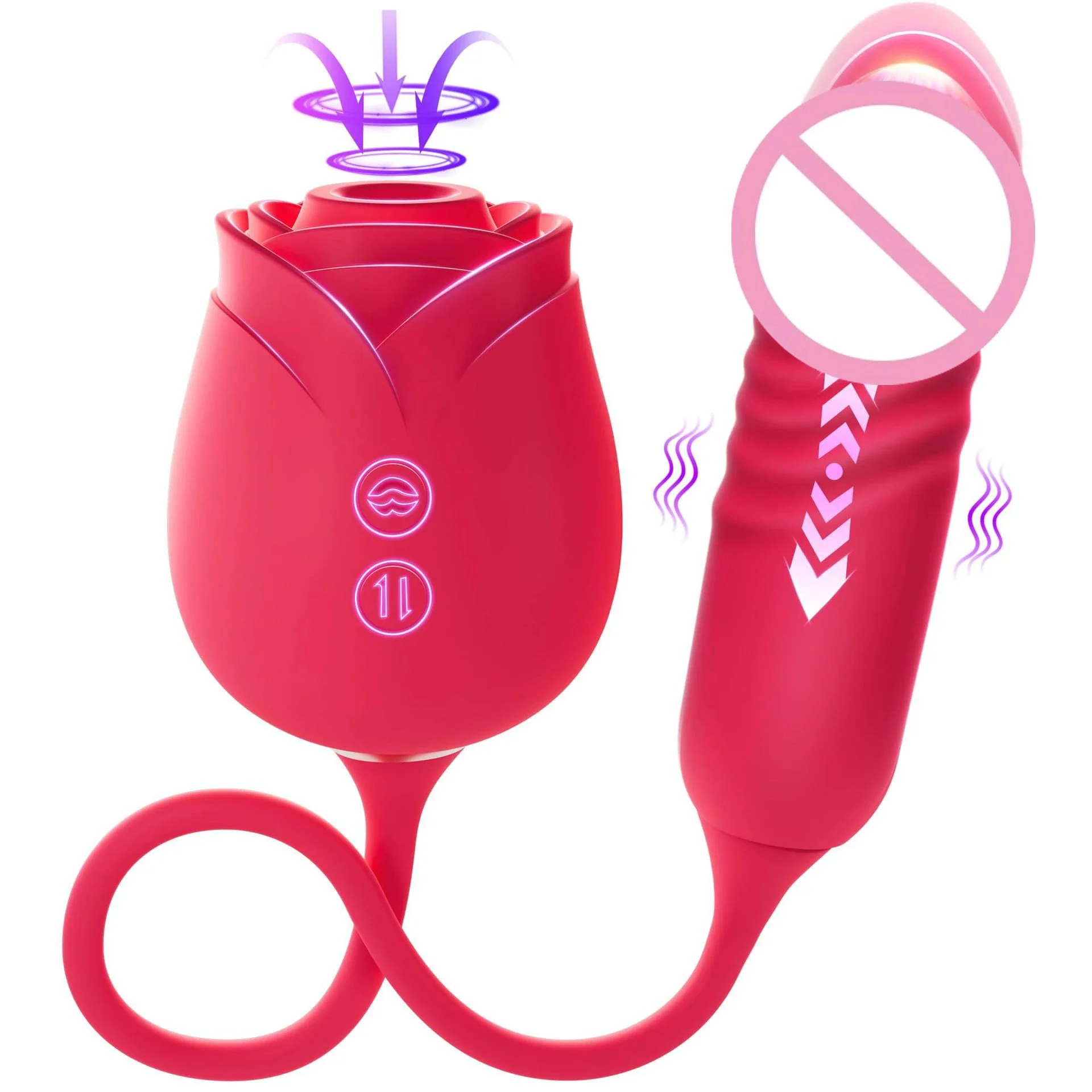 Adult Rose Vibrator 2 in 1 Love Egg Dildo Masturbator Licking Ball Retractable Rod Vibrator