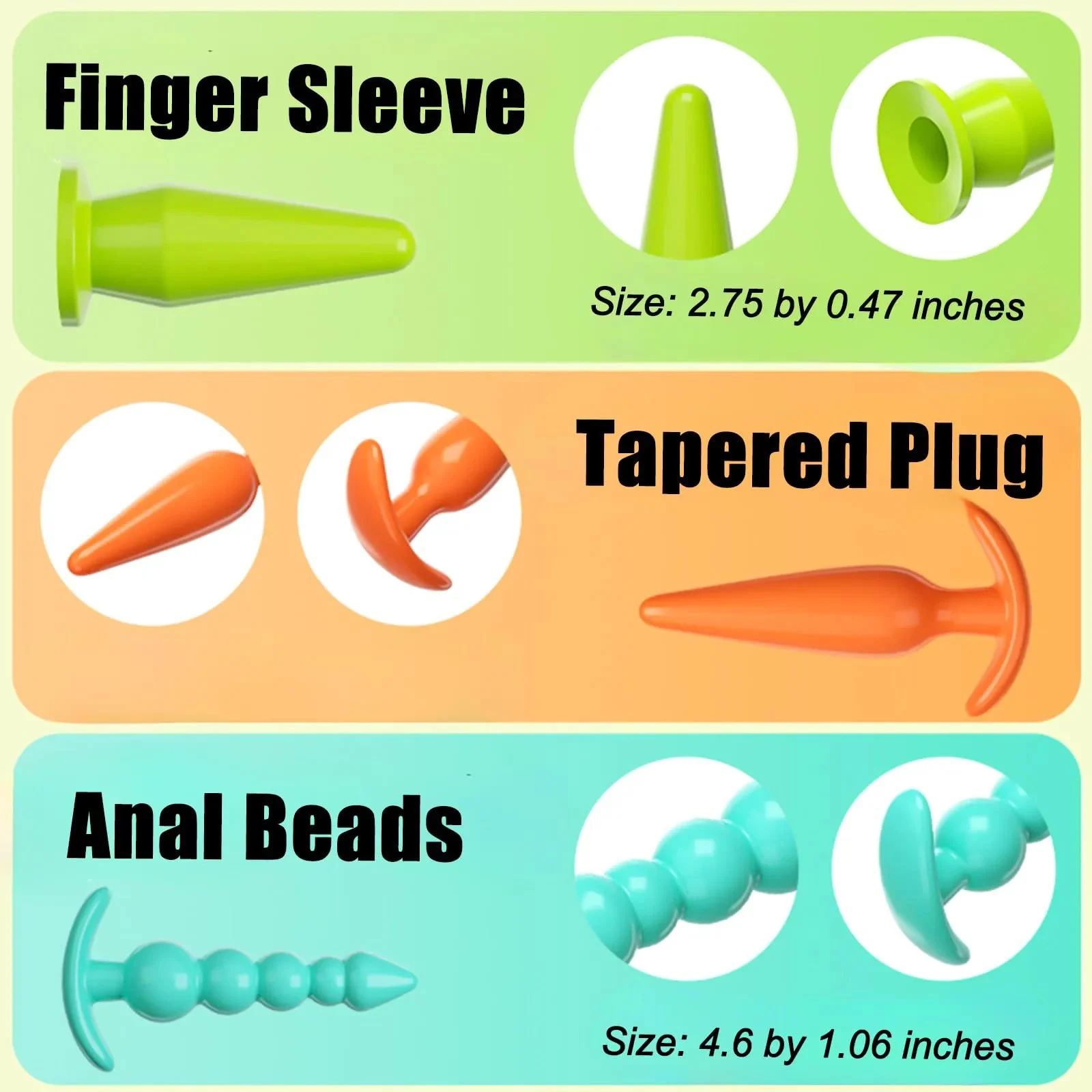 3-Piece Colorful Anal Training Kit-Anal Plug Finger Sleeve Tapered Plug Anal Beads Prostate Massager Eco-Friendly