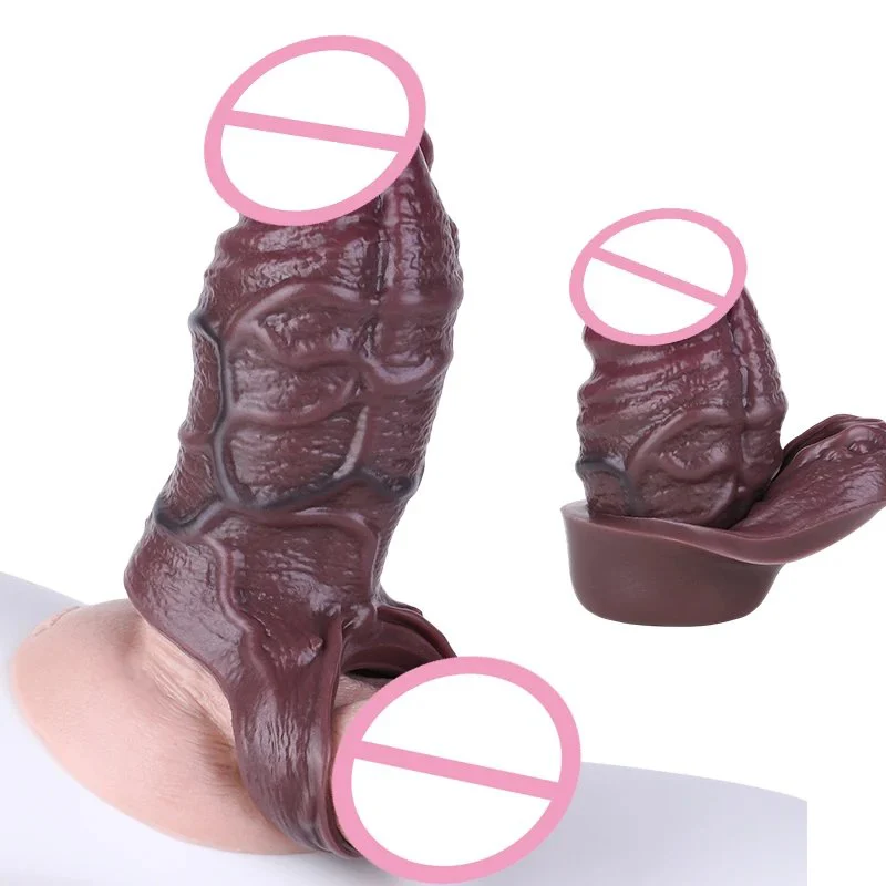 Black Realistic Hollow Dildo Sheath With Anti-drop Ring Silicone Male Dick Extender Penis Sleeve for Men Delay Ejaculation