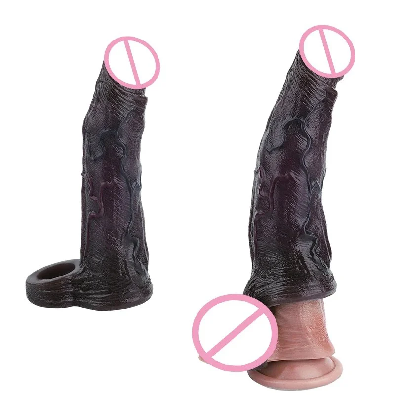 Black Obsidian Soft Silicone Vibrating Penis Extension Sleeve Closed Tip Wearable Enhancer Realistic Design