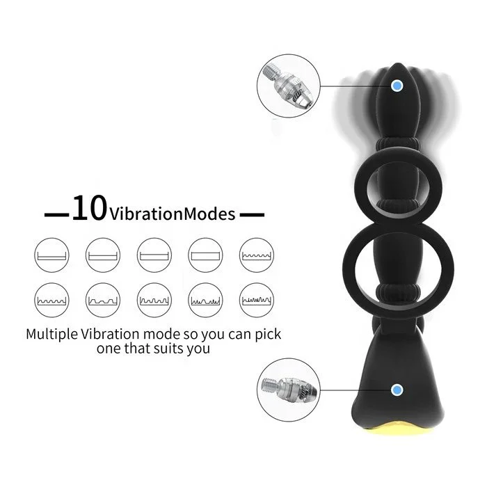 3-in-1 Male Sex Toys Remote Control 10-Frequency Vibrating Anal Plug Dual Cock Ring with Prostate Massage Feature Made Silicone