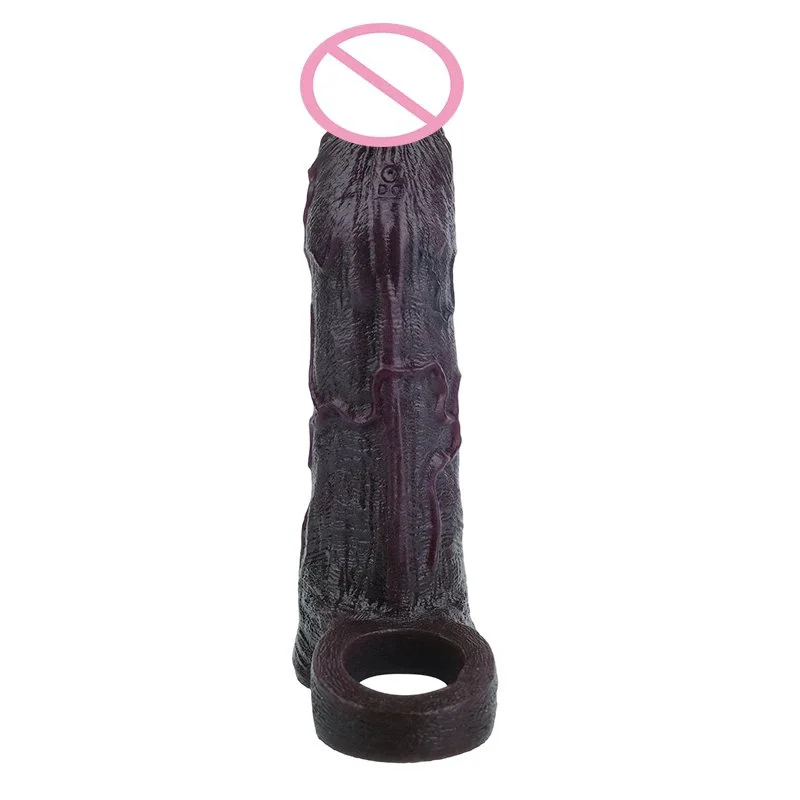 Black Obsidian Soft Silicone Vibrating Penis Extension Sleeve Closed Tip Wearable Enhancer Realistic Design
