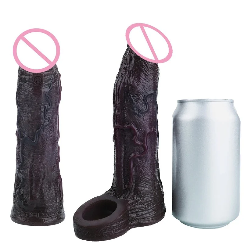 Black Obsidian Soft Silicone Vibrating Penis Extension Sleeve Closed Tip Wearable Enhancer Realistic Design