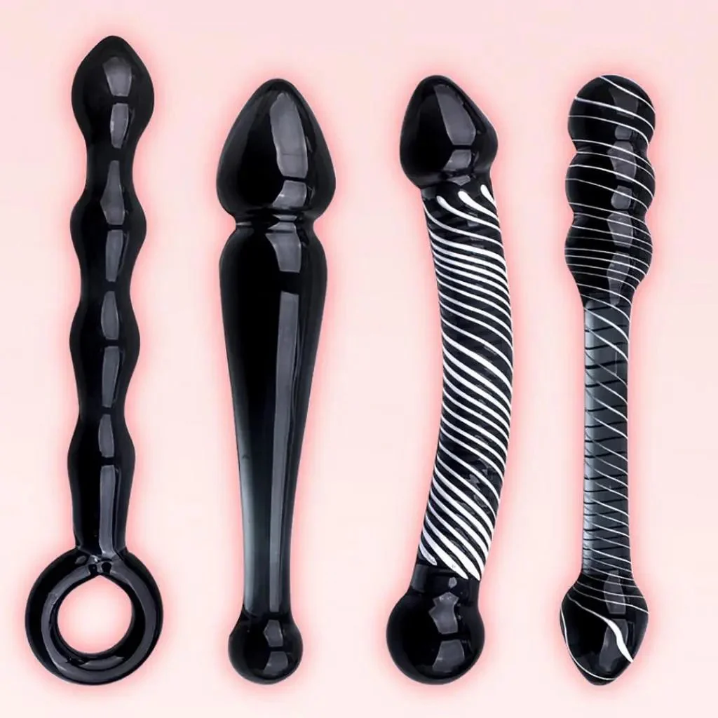 4Pcs Set Black Crystal Glass Dildo Adult Sex Toy Male Prostate Massager Glass Anal Beads Butt Plug for Men Women Masturbation