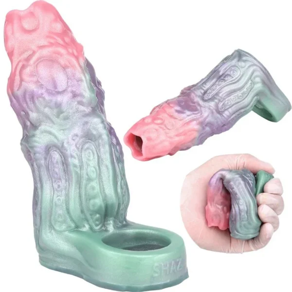 Male Sex Toy Reusable Penis Sleeve Cock Enlarger, Silicone Open-Ended Penis Extender Realistic Texture with Cock Ring Sex