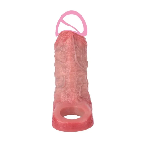 Hollow wearable male penis extender made of safe silicone with internal protrusions for a realistic experience