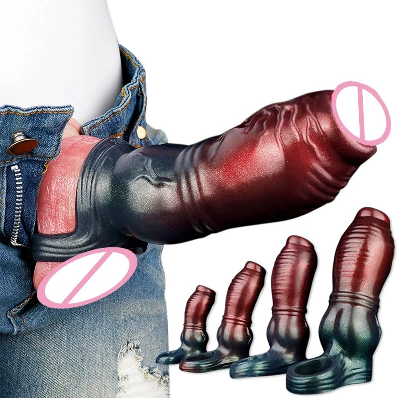 Penis Sleeve, Fantasy Penis Enlarger with Silicone Cock Ring ,Penis Sheath Soft Penis Girth Sleeve Sex Toys for Men Couples