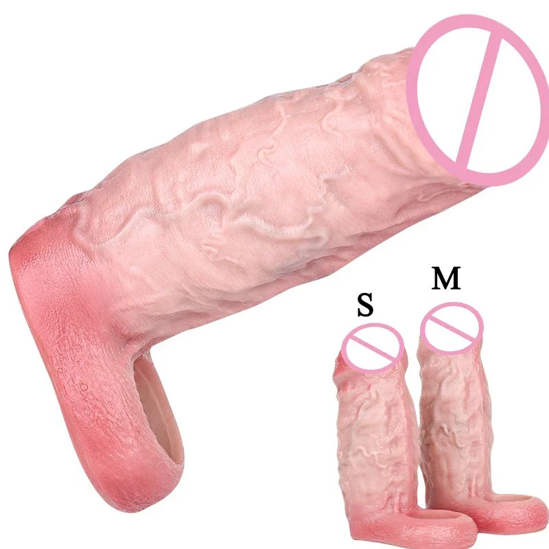 Penis Sleeve with Cock Ring Size S M Realistic Soft Silicone Cock Sheath Dildo Enlarger for Men Reusable Girth Extender