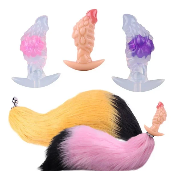 Vibration 3 Speed+7 Frequency Double Boat Anchor Shape Silicone Safety Anal Plugs Three Colors with Tail Anal Plugs