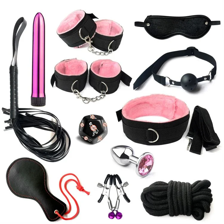 12PCS Erotic Bondage Kit With Sex Toys for Couple Beginner Slave Nylon Plush BDSM Sex Bondage Set
