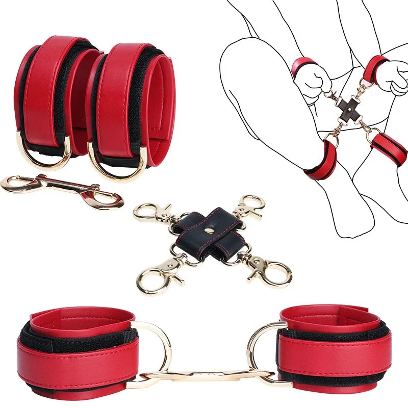 2 Sets of Matching BDSM Handcuffs + Ankle Cuffs Body Restraint Bondage Toys Soft Leather Material Adult Toys