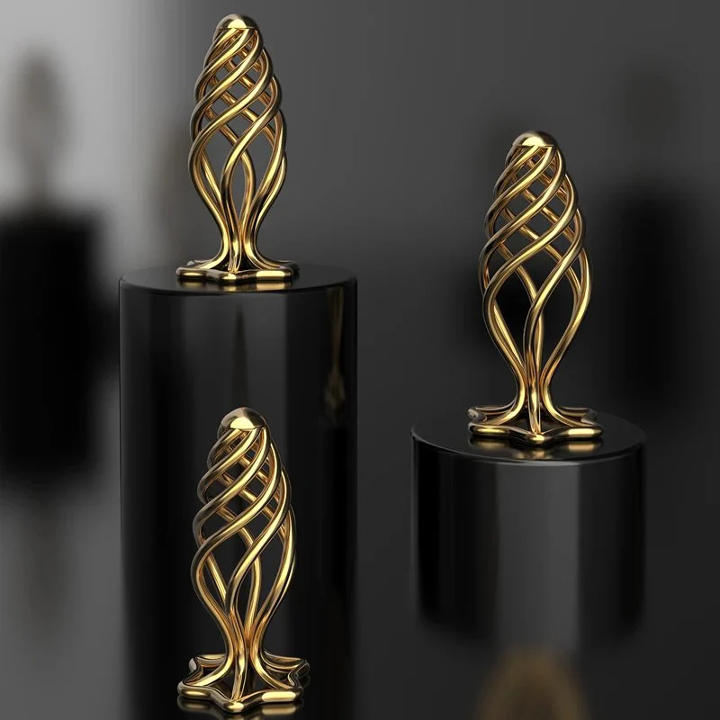 Electroplating Golden Hollow Out Spiral Metal Anal Plug Stimulus for Game Sex Toy