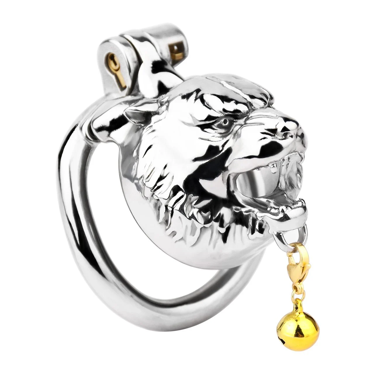 Tiger Head Male Chastity Cage, Silver Metal Cock Cage for Adult BDSM Play