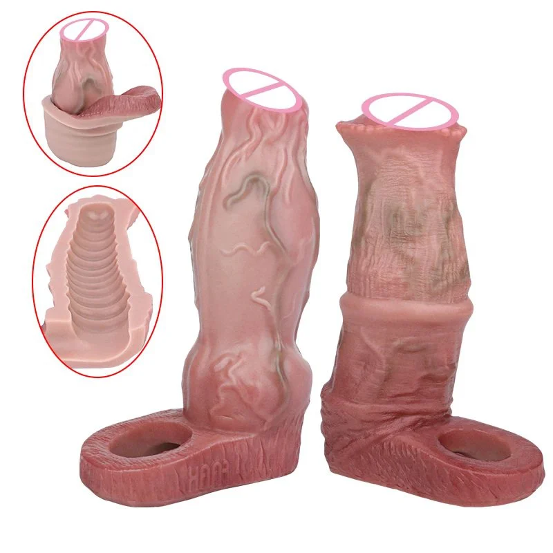 Silicone Realistic Animal Hollow Dildo Male Penis Sleeve Skin Male Masturbator Cock for Couple Sex Flirting Adult Sex