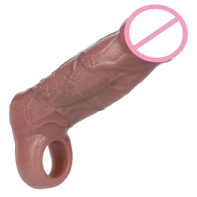 Silicone Realistic Penis Sleeve With Foreskin Head Reusable Condoms Cock Rings Extender Male Sex Toys Dick Enlarger