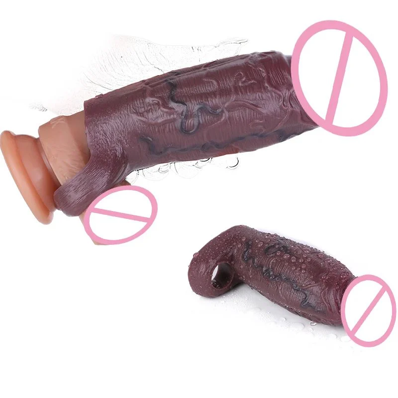 Reusable Black Penis Sleeve Extender Realistic Textured Cock Extender Stretchy Ultra-Soft Material Cock Enlarger for Men Couple