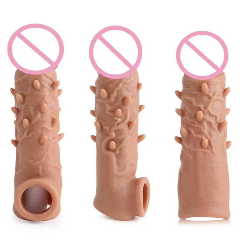 Penis Sleeve Realistic Latex Extension Penis Extender Vibrator with 10 Frequencies Strap-On Hollow Dildo Sex Toy for Men