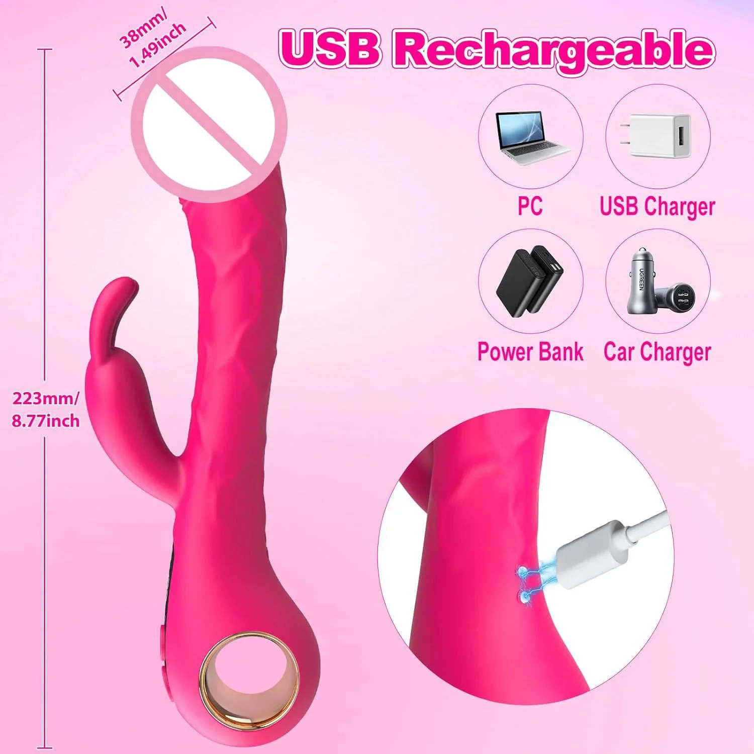 Double Rechargeable Silicone Dildo for Women with G-Spot and Clitoris Massage Vaginal Vibrator Rabbit Vibrator for Women