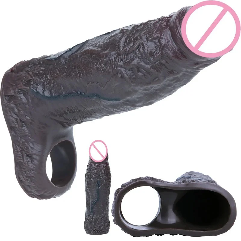 Soft Liquid Silicone Penis Sleeve Black Hollow Dildo Penis Enlargement Sleeve Sex Toys for Men Delay Ejaculation Sex