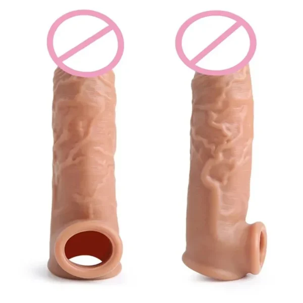 Penis Sleeve Realistic Latex Extension Penis Extender Vibrator with 10 Frequencies Strap-On Hollow Dildo Sex Toy for Men