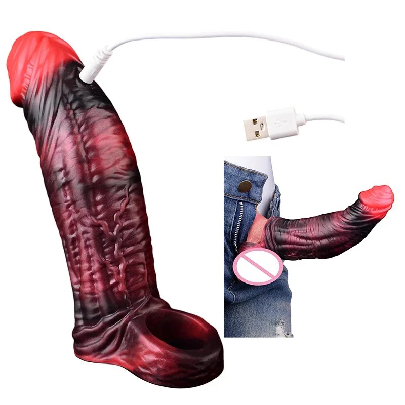 Realistic Fantasy Vibration Cock Sleeve Extender Reusable Silicone Penis Cuff Thickened Testicle Ring Couple Flirting Sextoy