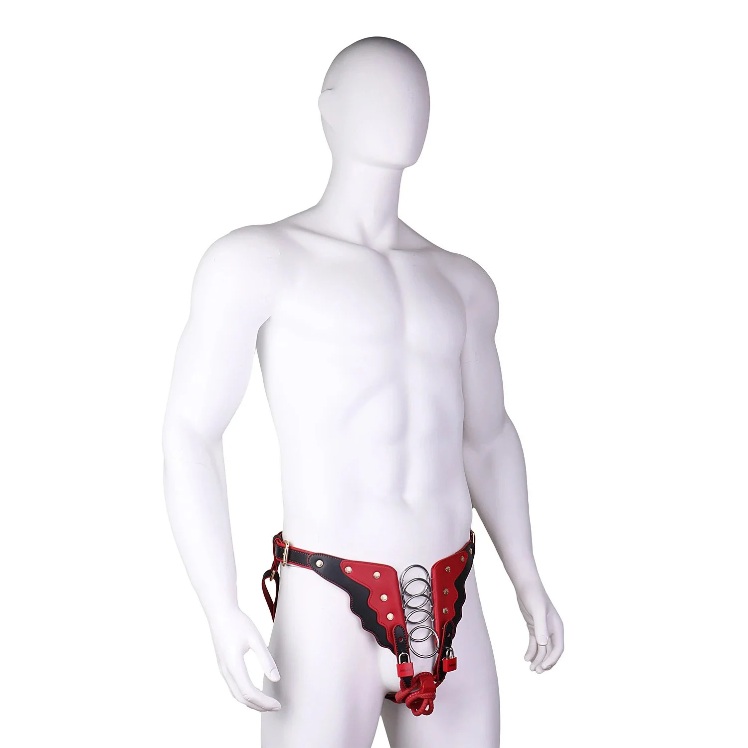 5-Ring Spiral Restraint Lockable Bondage Pants - Phallic Enclosing Chastity Harness Red & Black BDSM Pants No Cage Ring Needed