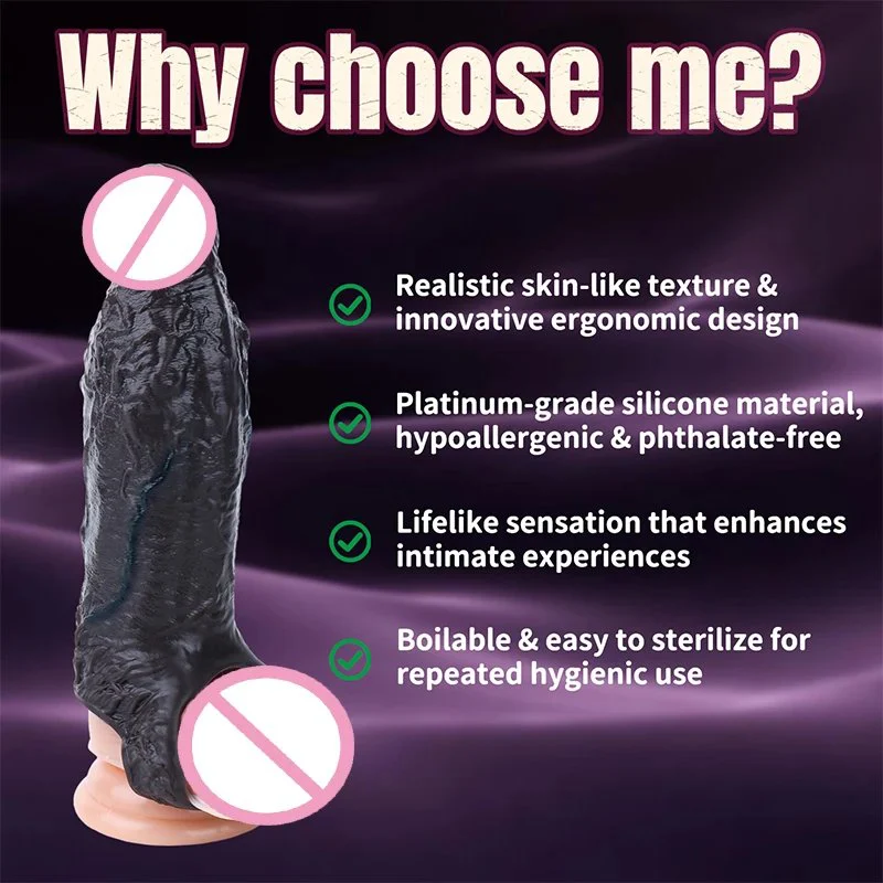 Soft Liquid Silicone Penis Sleeve Black Hollow Dildo Penis Enlargement Sleeve Sex Toys for Men Delay Ejaculation Sex