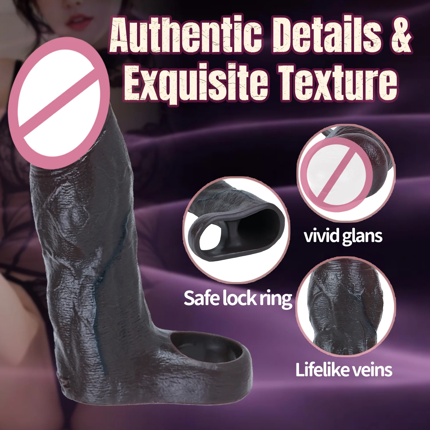 Silicone Cock Ring Penis Enlargement Sleeve Sex Toy Black Realistic Dildo Sheath Cock Enlarge Sheath for Couples