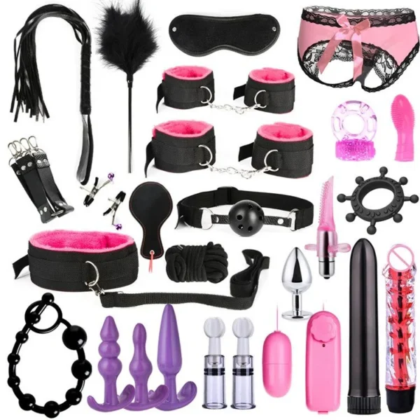 Erotic Handcuffs Nipple Clamps Gag Whip Rope Bondage Gear Sex Toys for Couples Sex Bondage Set