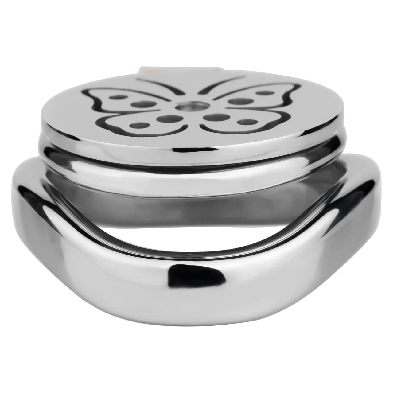 FRRK Stainless Steel Male Penis Cage with Built-in Flat Restraint Chastity Lock Featuring Butterfly-Shaped Catheter Design