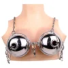 Heavy Duty Stainless Steel Breast Bondage Bra with Lock and Chains Metal Breast Cover Cups for Slave Play
