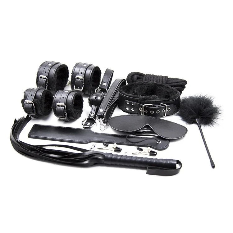 10PCS Set Fluffy Handcuffs Spanking Ass Whip Black Leather Bondage Restraints Kit