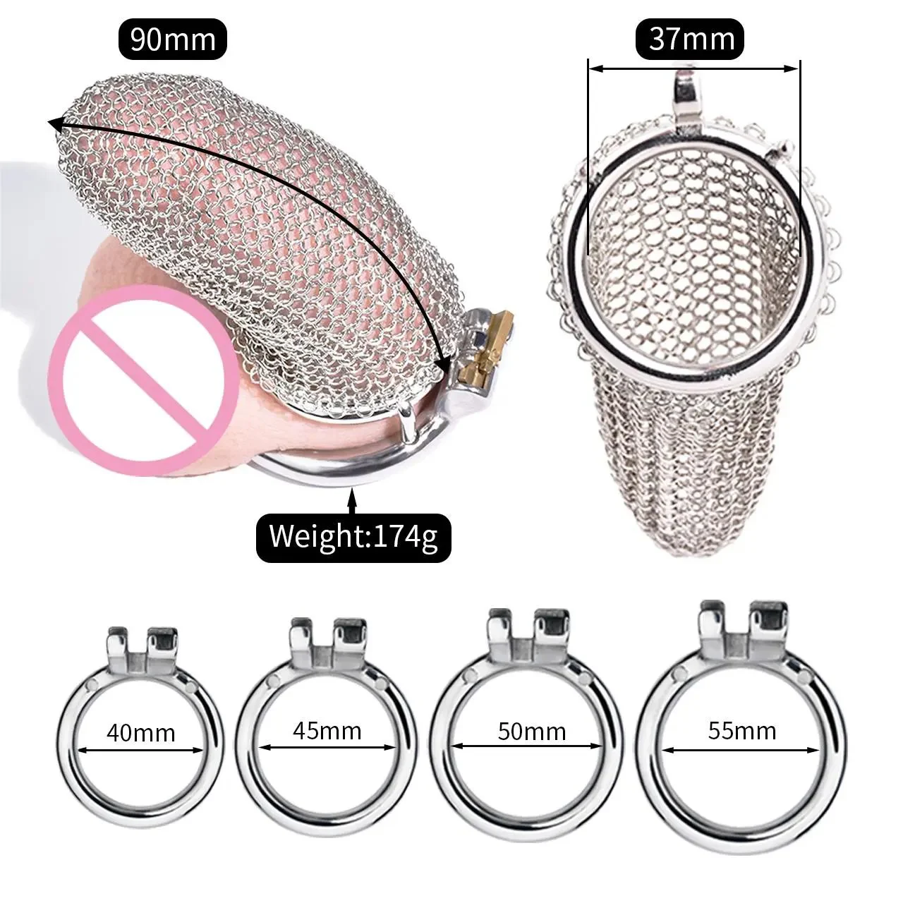 304 Stainless Steel Male Reticular Shape Chastity Lock Cock Cage with Curved Round Ring Chastity Cage for Men