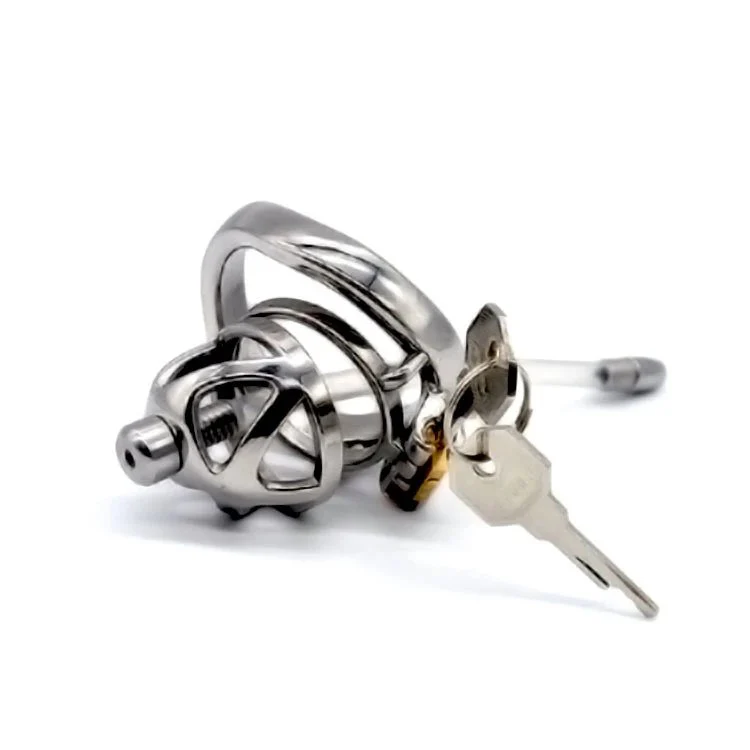 51mm 304 Stainless Steel Male Chastity Device with Catheter Sm Sex Toys Penis Cage with Keyholder Curved Ring Chastity Cage