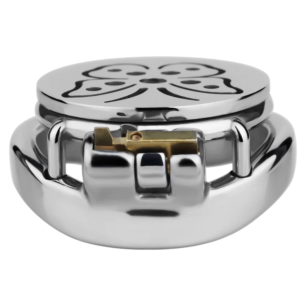 FRRK Stainless Steel Male Penis Cage with Built-in Flat Restraint Chastity Lock Featuring Butterfly-Shaped Catheter Design