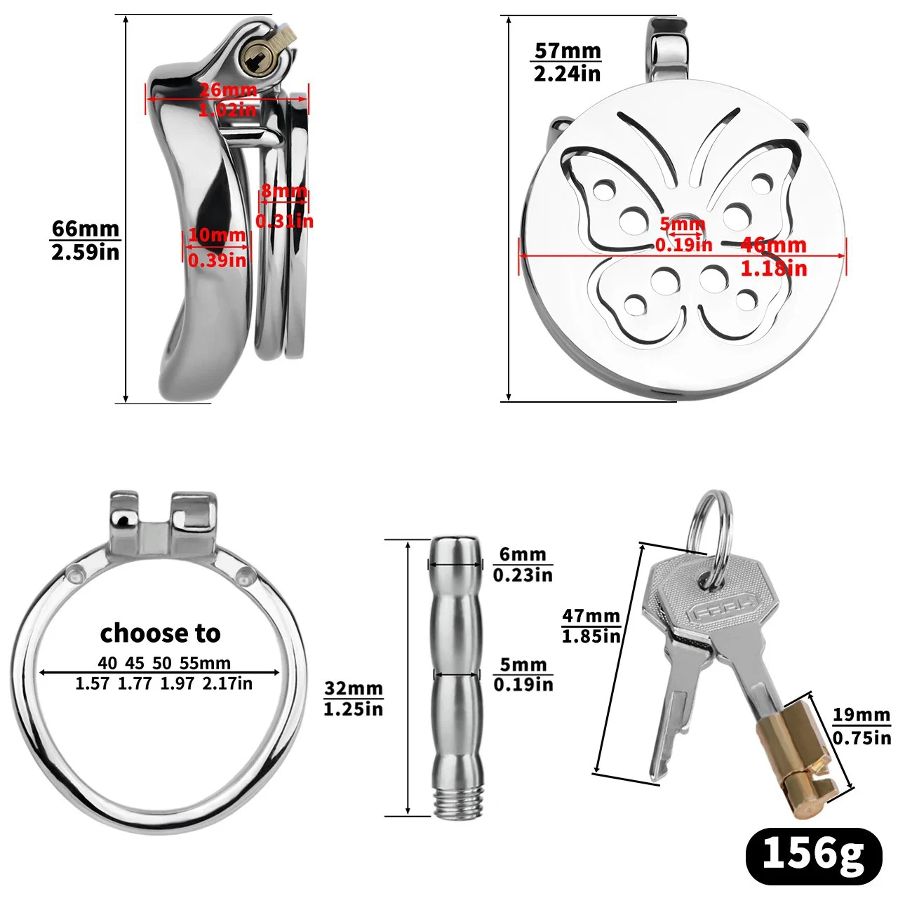 FRRK Stainless Steel Male Penis Cage with Built-in Flat Restraint Chastity Lock Featuring Butterfly-Shaped Catheter Design
