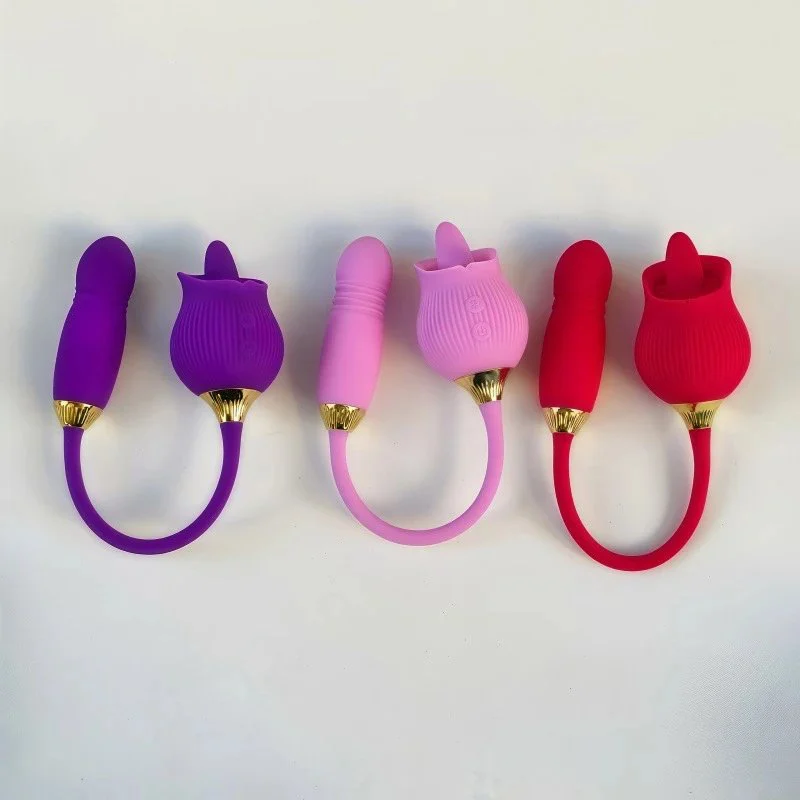 Rose Flower Shaped Silicone Dildo Vibrator Woman's Thrusting Tongue Extension Sex Toy with Clit Sucking Feature