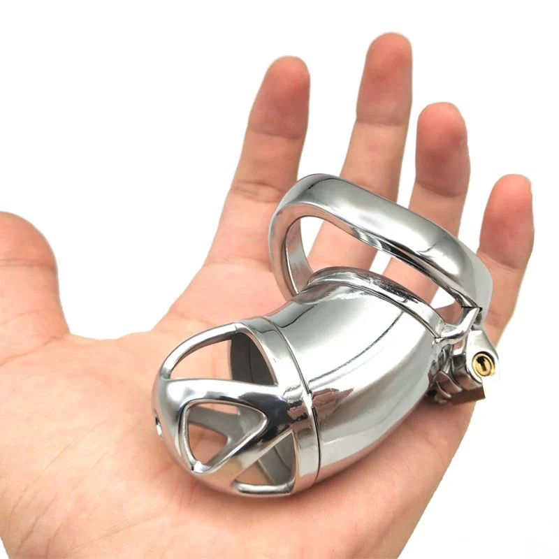 7cm Men Metal Chastity Cage Curved Ring Lock Penis in Cage Stainless Steel Chastity Cage for Man