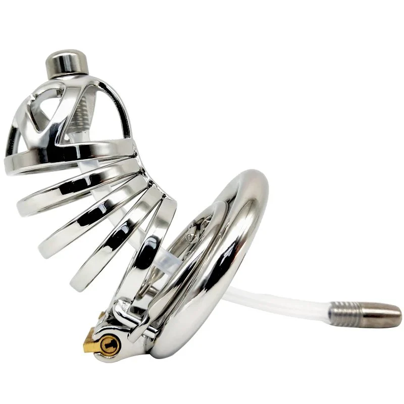 Male Chastity Cage Device with Anti-slip Ring and Silicone Catheter Skin-friendly Cock Cage Sex Toy
